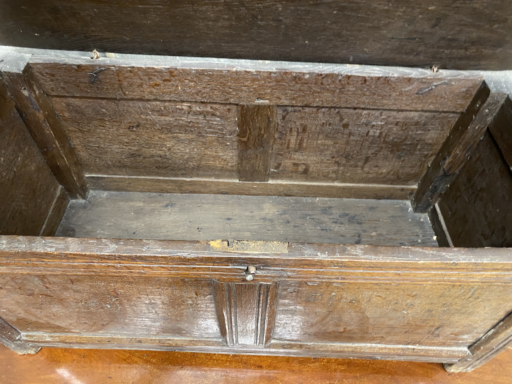 A late 17th century French panelled oak small coffer, width 93cm, depth 39cm, height 46cm